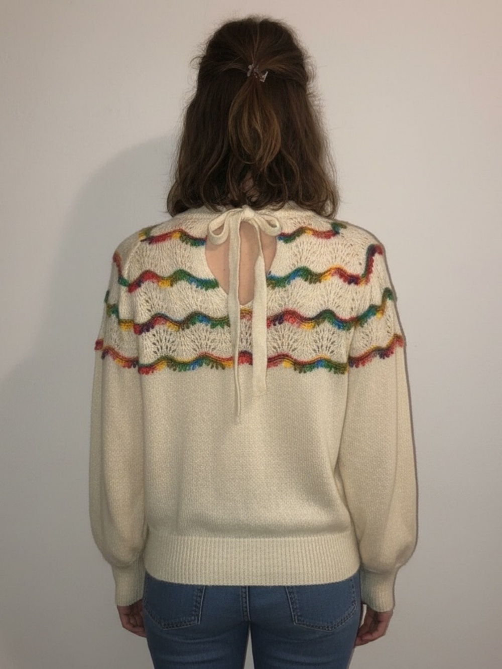 ANDTHEWHY Ivory Long Sleeve Sweater, Tie Neck, Multi Color Design, Eyelets S/M - Picture 2 of 7